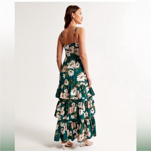 A&F Drama Ruffle Tiered Maxi Dress in Green Floral - Picture 3 of 12